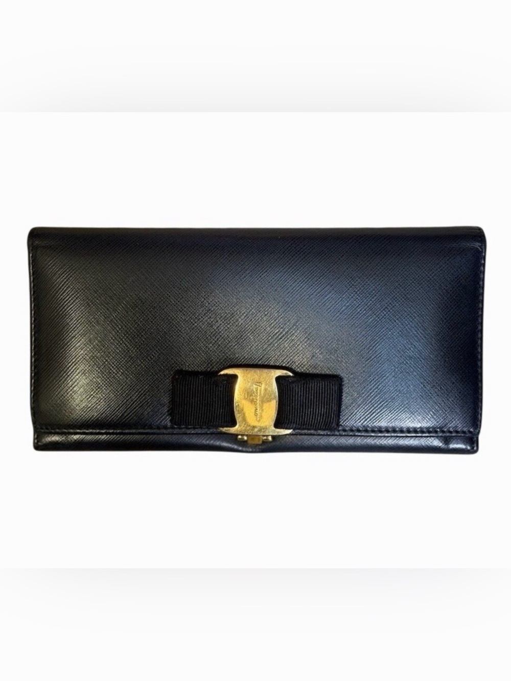 Salvatore Ferragamo Gold Tone Vara Bow Black Saffiano Leather Continental Wallet